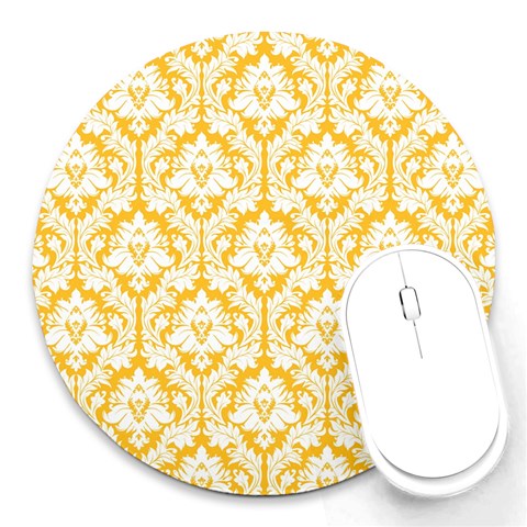 White On Sunny Yellow Damask 8  Mouse Pad (Round) from ArtsNow.com Front