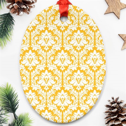 White On Sunny Yellow Damask Oval Ornament from ArtsNow.com Front