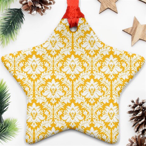 White On Sunny Yellow Damask Star Ornament from ArtsNow.com Front