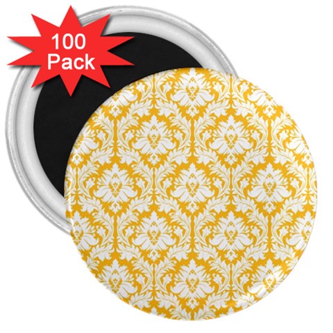 White On Sunny Yellow Damask 3  Button Magnet (100 pack) from ArtsNow.com Front