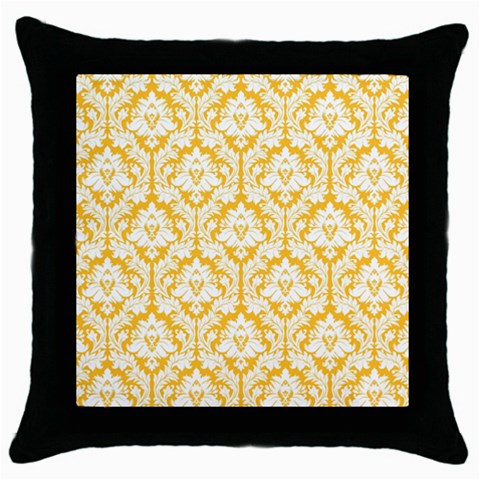 White On Sunny Yellow Damask Black Throw Pillow Case from ArtsNow.com Front