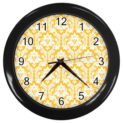 White On Sunny Yellow Damask Wall Clock (Black) from ArtsNow.com Front