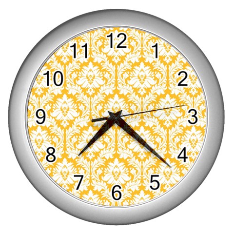 White On Sunny Yellow Damask Wall Clock (Silver) from ArtsNow.com Front