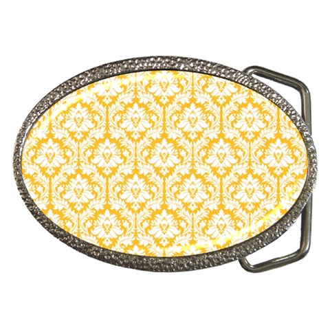 White On Sunny Yellow Damask Belt Buckle (Oval) from ArtsNow.com Front