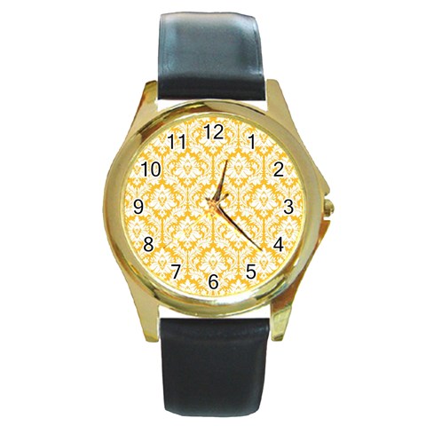 White On Sunny Yellow Damask Round Leather Watch (Gold Rim)  from ArtsNow.com Front