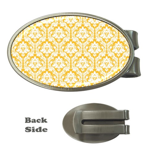 White On Sunny Yellow Damask Money Clip (Oval) from ArtsNow.com Front