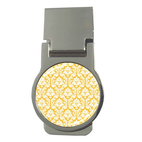 White On Sunny Yellow Damask Money Clip (Round) from ArtsNow.com Front