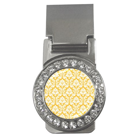 White On Sunny Yellow Damask Money Clip (CZ) from ArtsNow.com Front