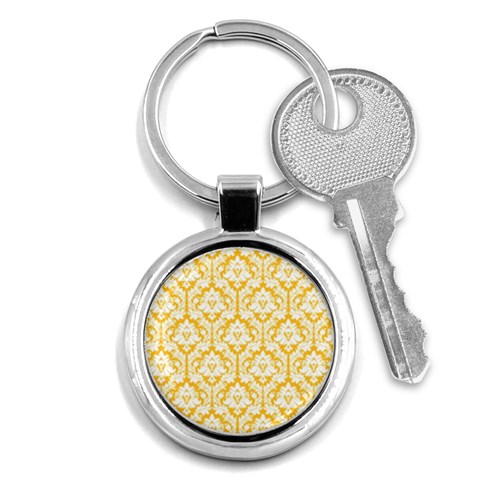 White On Sunny Yellow Damask Key Chain (Round) from ArtsNow.com Front