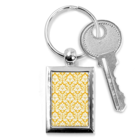 White On Sunny Yellow Damask Key Chain (Rectangle) from ArtsNow.com Front