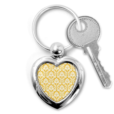 White On Sunny Yellow Damask Key Chain (Heart) from ArtsNow.com Front