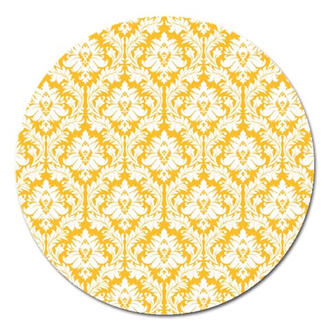 White On Sunny Yellow Damask Magnet 5  (Round) from ArtsNow.com Front