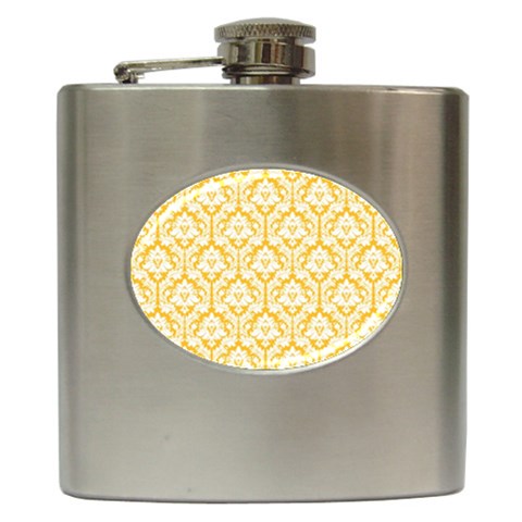 White On Sunny Yellow Damask Hip Flask from ArtsNow.com Front