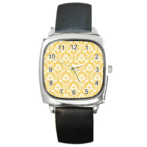 White On Sunny Yellow Damask Square Leather Watch from ArtsNow.com Front