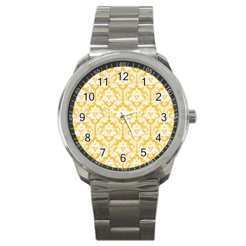 White On Sunny Yellow Damask Sport Metal Watch from ArtsNow.com Front