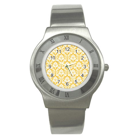 White On Sunny Yellow Damask Stainless Steel Watch (Slim) from ArtsNow.com Front