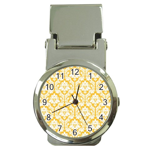 White On Sunny Yellow Damask Money Clip with Watch from ArtsNow.com Front