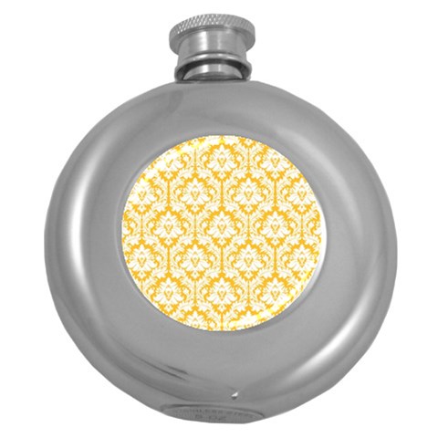 White On Sunny Yellow Damask Hip Flask (Round) from ArtsNow.com Front