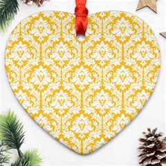 White On Sunny Yellow Damask Heart Ornament (Two Sides) from ArtsNow.com Front