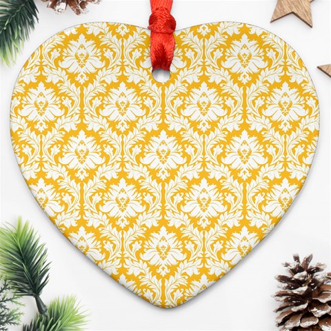 White On Sunny Yellow Damask Heart Ornament (Two Sides) from ArtsNow.com Back