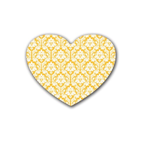 White On Sunny Yellow Damask Drink Coasters (Heart) from ArtsNow.com Front