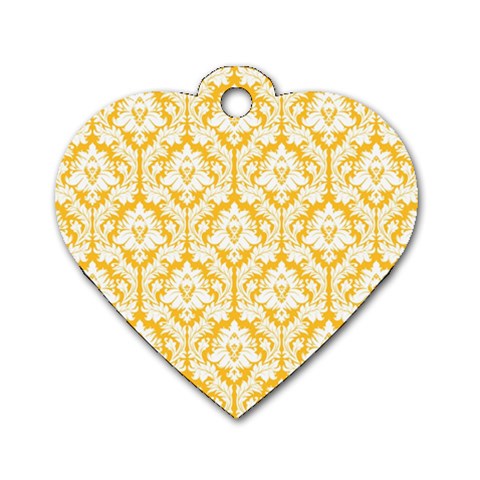 White On Sunny Yellow Damask Dog Tag Heart (One Sided)  from ArtsNow.com Front