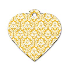 White On Sunny Yellow Damask Dog Tag Heart (Two Sided) from ArtsNow.com Front