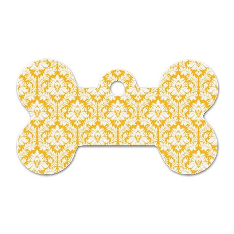 White On Sunny Yellow Damask Dog Tag Bone (One Sided) from ArtsNow.com Front