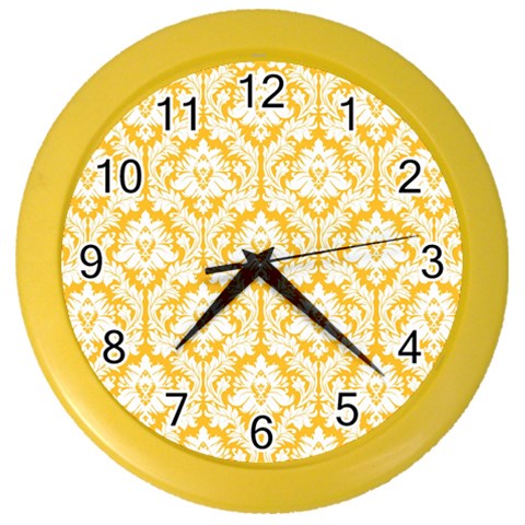 White On Sunny Yellow Damask Wall Clock (Color) from ArtsNow.com Front