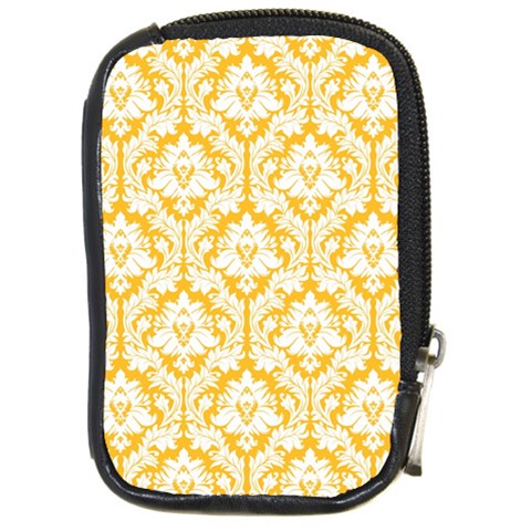 White On Sunny Yellow Damask Compact Camera Leather Case from ArtsNow.com Front