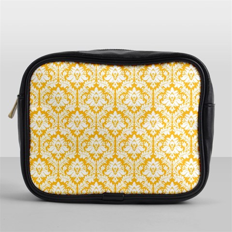 White On Sunny Yellow Damask Mini Travel Toiletry Bag (One Side) from ArtsNow.com Front