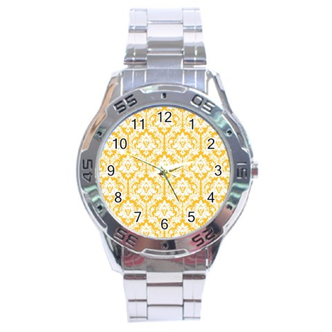 White On Sunny Yellow Damask Stainless Steel Watch from ArtsNow.com Front