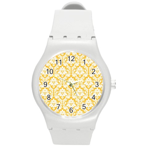 White On Sunny Yellow Damask Plastic Sport Watch (Medium) from ArtsNow.com Front