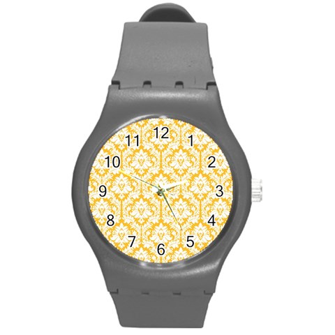 White On Sunny Yellow Damask Plastic Sport Watch (Medium) from ArtsNow.com Front