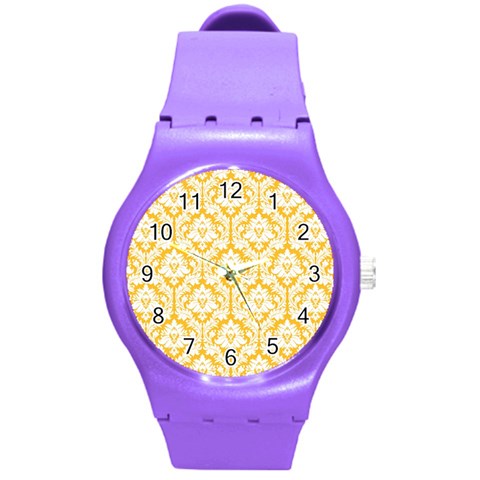 White On Sunny Yellow Damask Plastic Sport Watch (Medium) from ArtsNow.com Front