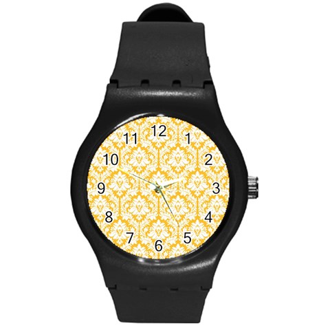 White On Sunny Yellow Damask Plastic Sport Watch (Medium) from ArtsNow.com Front