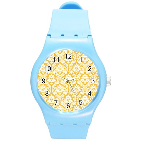 White On Sunny Yellow Damask Plastic Sport Watch (Medium) from ArtsNow.com Front