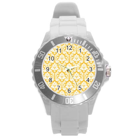 White On Sunny Yellow Damask Plastic Sport Watch (Large) from ArtsNow.com Front