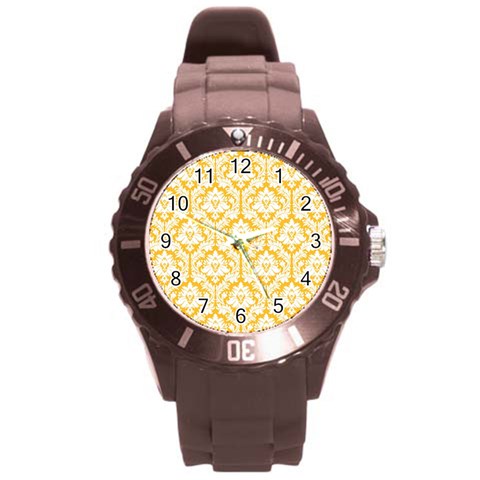 White On Sunny Yellow Damask Plastic Sport Watch (Large) from ArtsNow.com Front