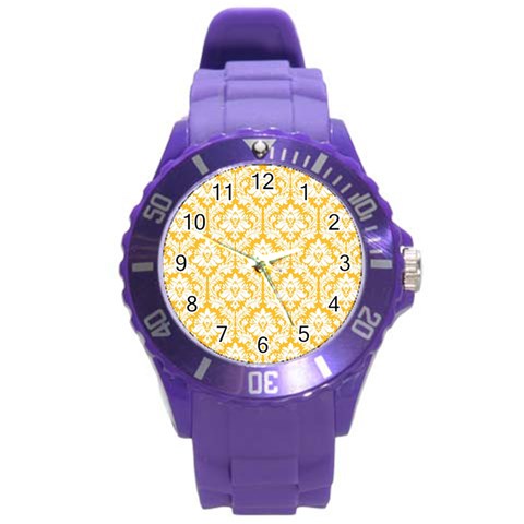 White On Sunny Yellow Damask Plastic Sport Watch (Large) from ArtsNow.com Front