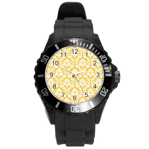 White On Sunny Yellow Damask Plastic Sport Watch (Large) from ArtsNow.com Front