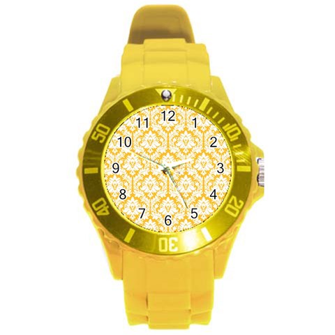 White On Sunny Yellow Damask Plastic Sport Watch (Large) from ArtsNow.com Front