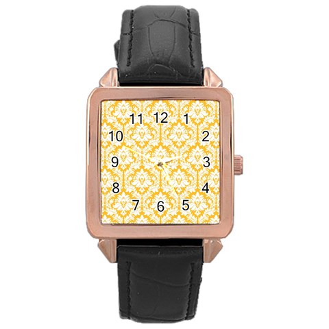 White On Sunny Yellow Damask Rose Gold Leather Watch  from ArtsNow.com Front