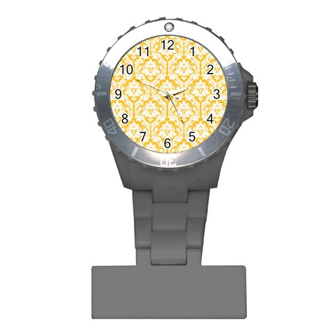 White On Sunny Yellow Damask Nurses Watch from ArtsNow.com Front