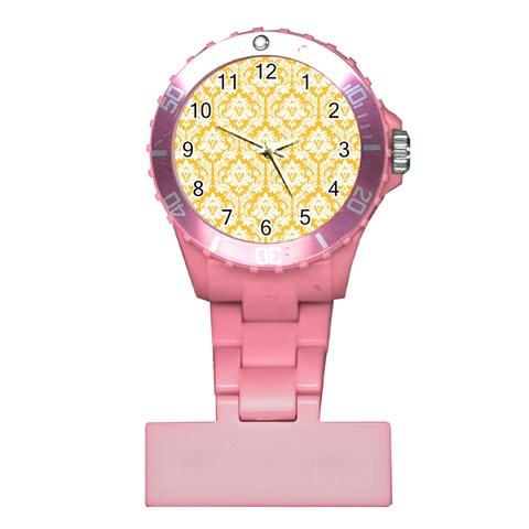 White On Sunny Yellow Damask Nurses Watch from ArtsNow.com Front