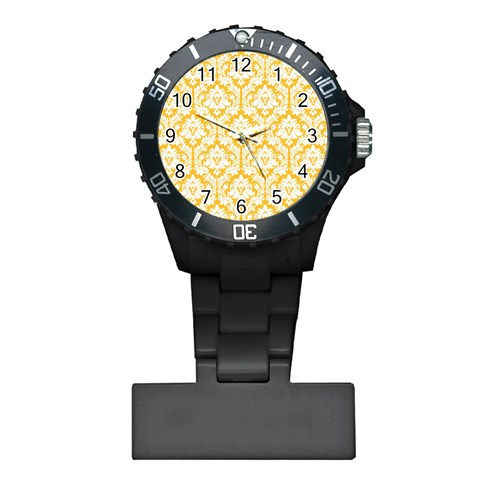 White On Sunny Yellow Damask Nurses Watch from ArtsNow.com Front