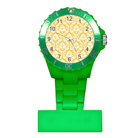 White On Sunny Yellow Damask Nurses Watch from ArtsNow.com Front