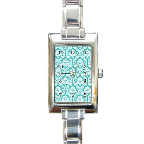 White On Turquoise Damask Rectangular Italian Charm Watch from ArtsNow.com Front