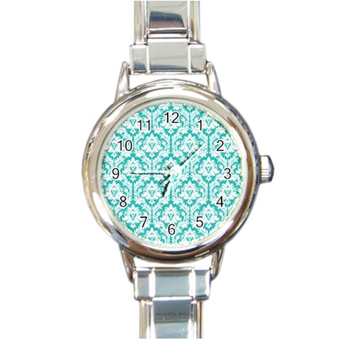 White On Turquoise Damask Round Italian Charm Watch from ArtsNow.com Front