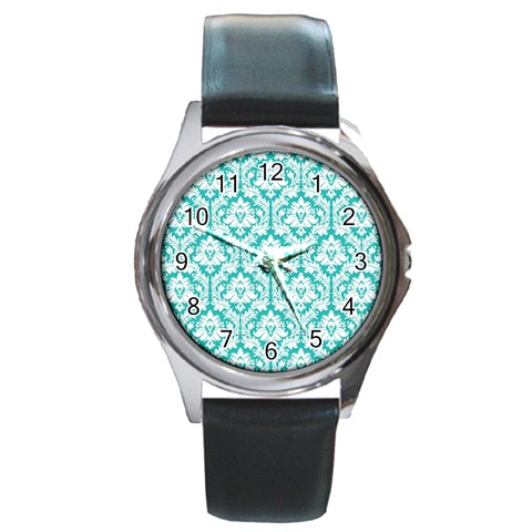 White On Turquoise Damask Round Leather Watch (Silver Rim) from ArtsNow.com Front